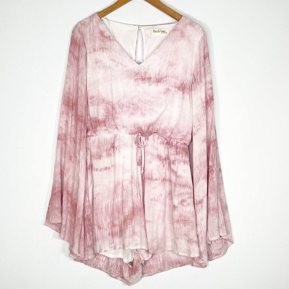 Peach Love California Pink Tie-dye Boho Long Sleeve Shorts Romper Womens L